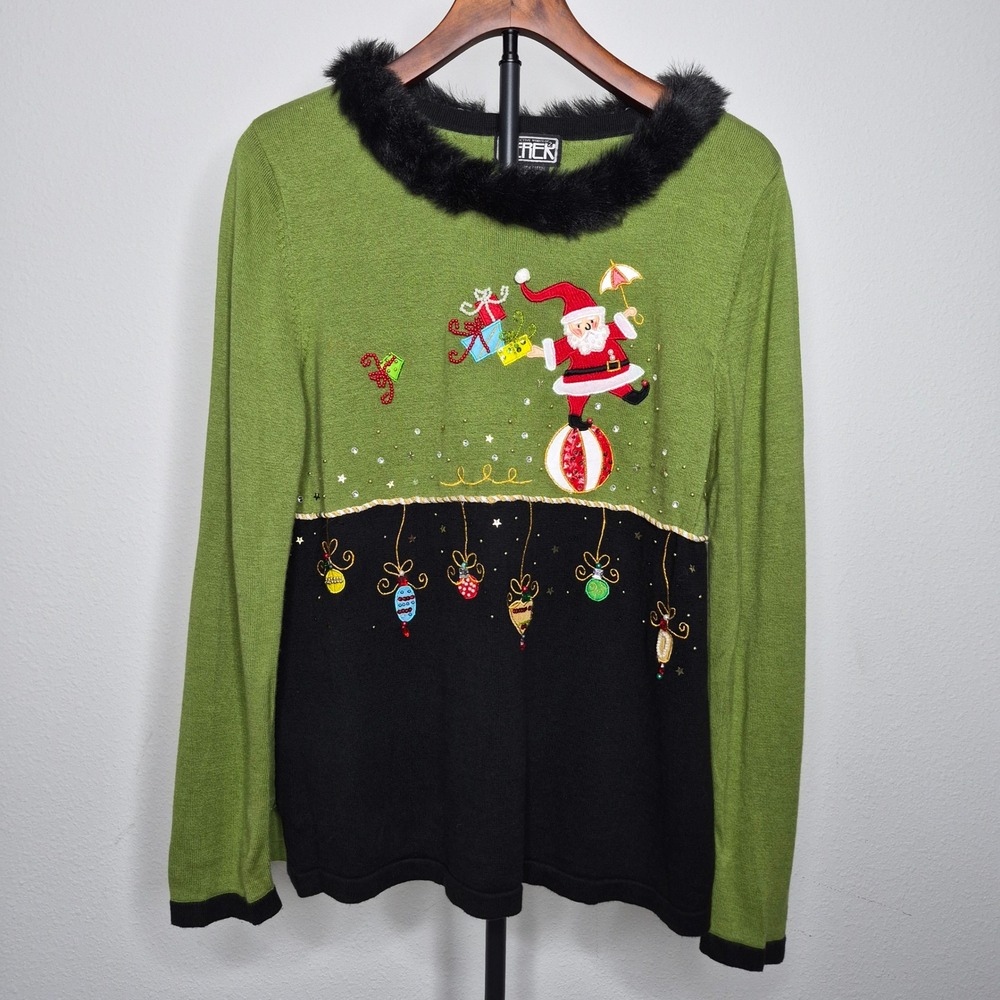 Berek Vintage Ugly Christmas Sweater Santa Faux Fur Trim Embroidered Festive L